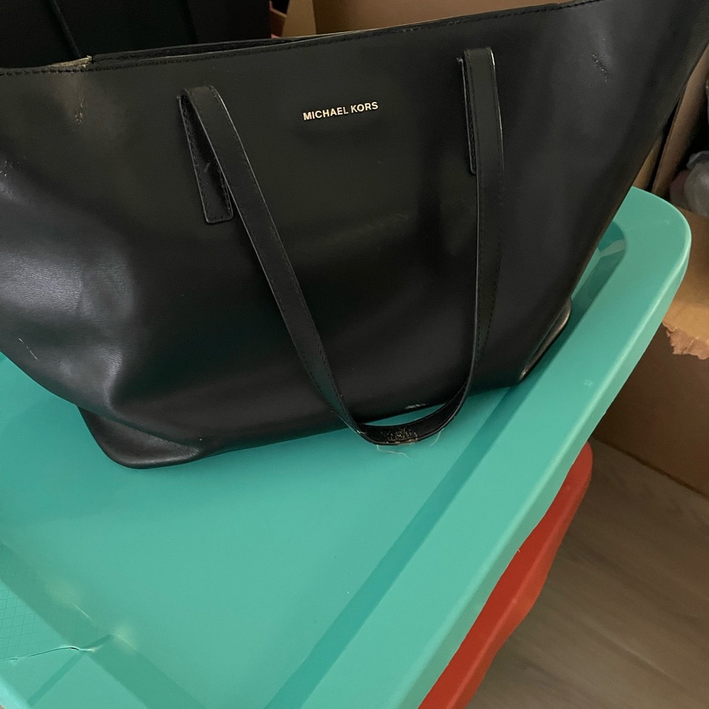 Michael Kors Black Leather Shoulder Tote with Gold Logo